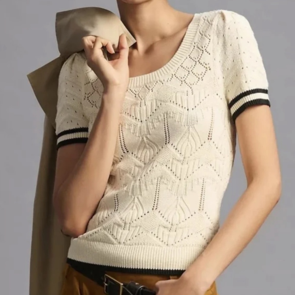 Maeve for Anthropologie Cream/Ivory & Black Knit Pullover Top Puff Sleeve